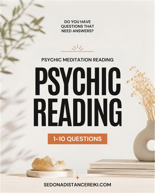 Promotional graphic for a psychic reading service with the text 'PSYCHIC MEDITATION READING' and large 'PSYCHIC READING' on a warm off-white background, with decorative dried flowers, a small vase, stacked books, and crystals.