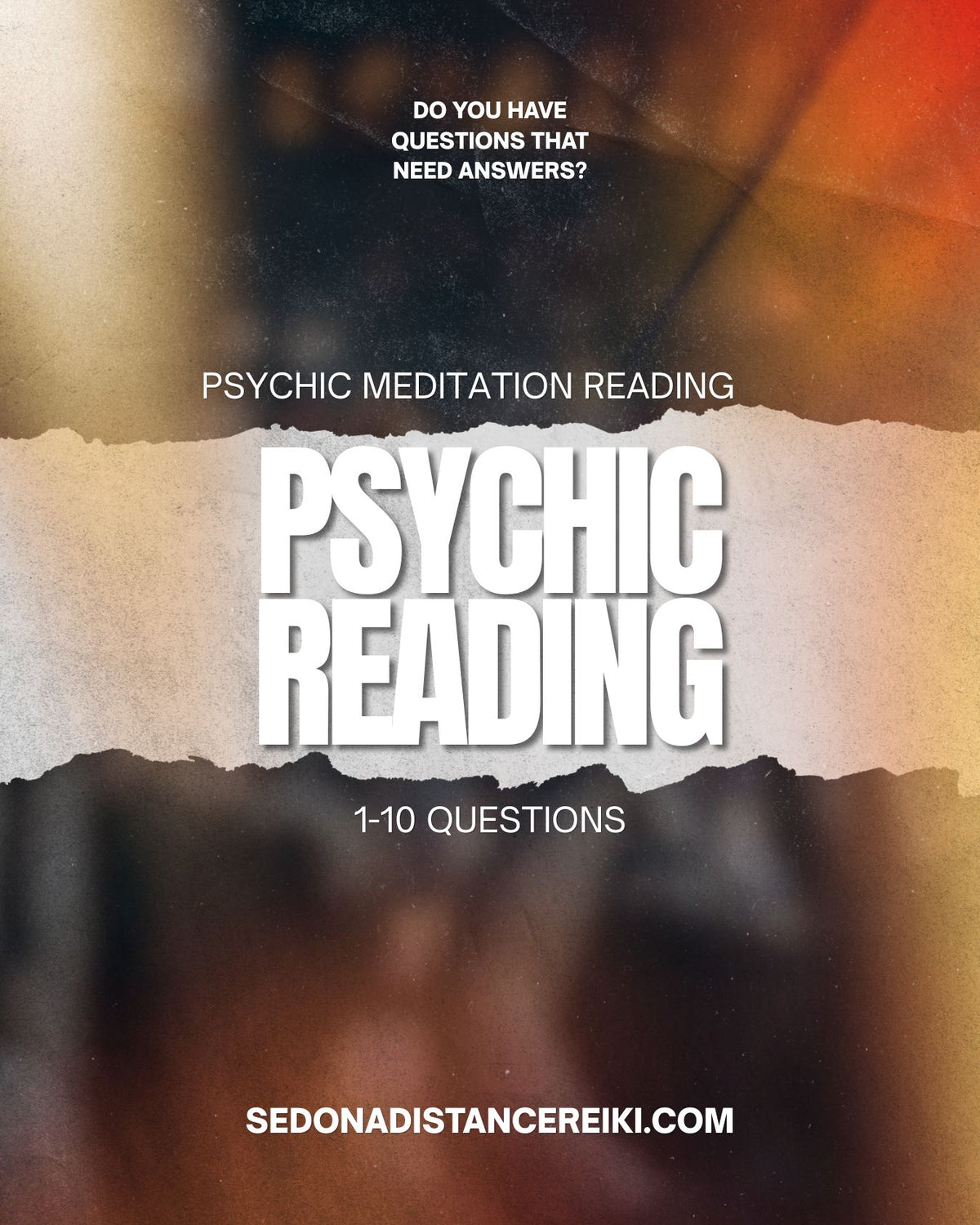 A digital cover graphic for a psychic reading service, featuring the text 'PSYCHIC MEDITATION READING' and 'PSYCHIC READING' in large white letters over a torn-paper effect, with blurred abstract background imagery in warm tones and the website SEDONADISTANCEREIKI.COM at the bottom.
