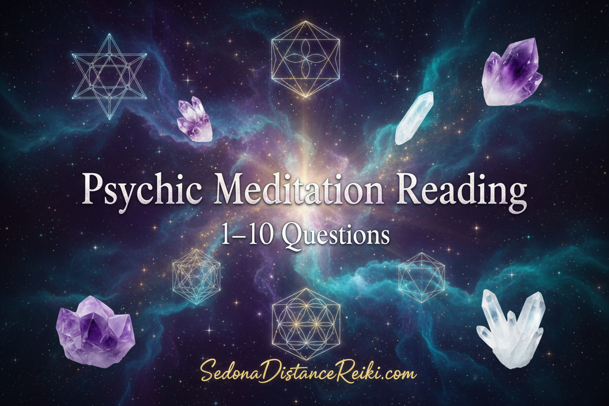 Digital cover graphic for a 'Psychic Meditation Reading' service, featuring a cosmic nebula background with purple and white crystals, geometric line art, and the text 'Psychic Meditation Reading 1-10 Questions SedonaDistanceReiki.com'.