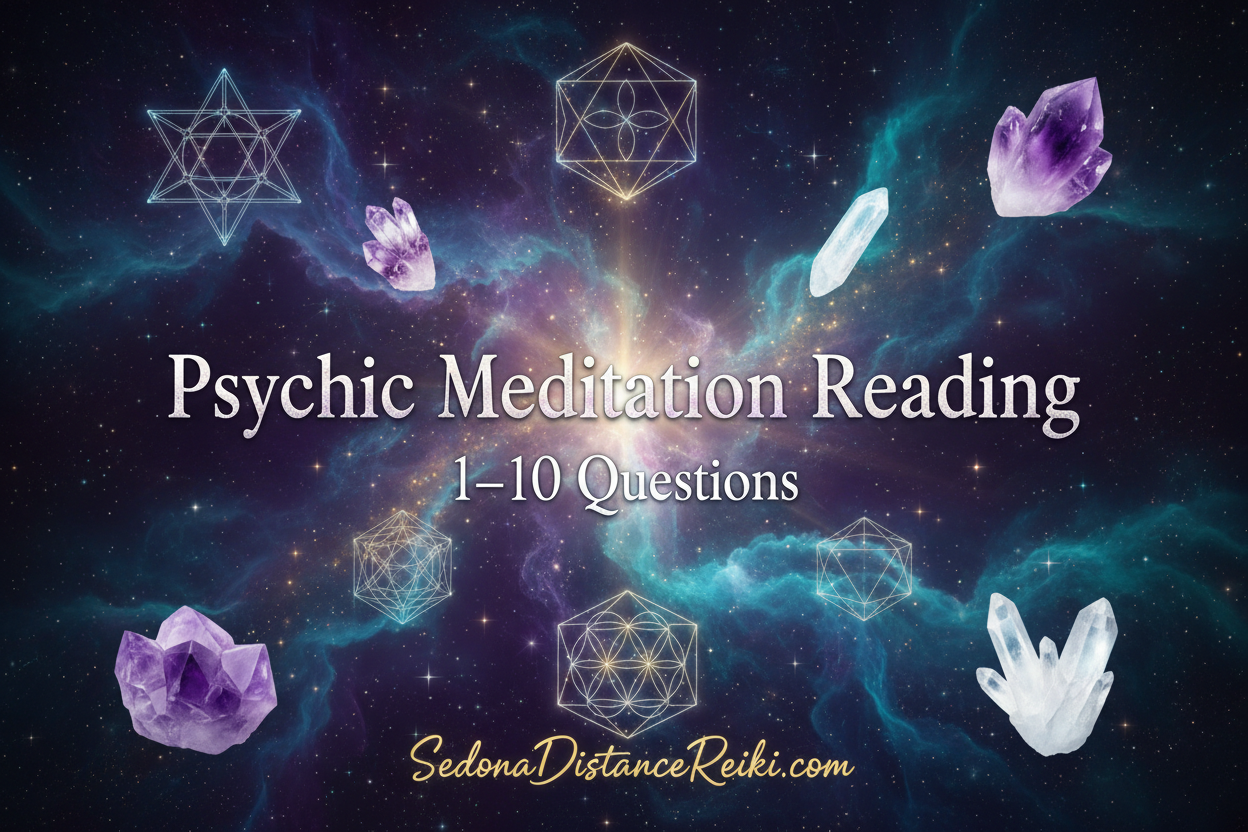 Digital cover graphic for a 'Psychic Meditation Reading' service, featuring a cosmic nebula background with purple and white crystals, geometric line art, and the text 'Psychic Meditation Reading 1-10 Questions SedonaDistanceReiki.com'.